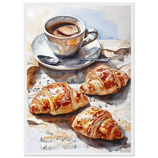 Charming Parisian Breakfast Scene: Coffee, Croissant, and French Flair - Kitchen Art Print