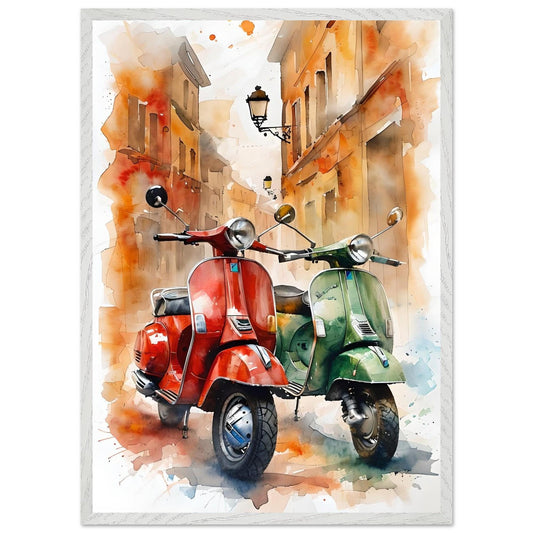Vintage Vespa Wall Art – Italian Scooter Print, Retro Watercolor Painting, European Travel Poster, Rustic Street Scene, Café Decor