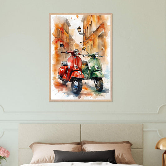 two vintage vespa scooters in an italian street