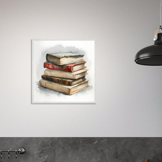 A watercolor painting of a stack of aged vintage books with worn covers and soft shadows, evoking a cozy and nostalgic literary atmosphere.