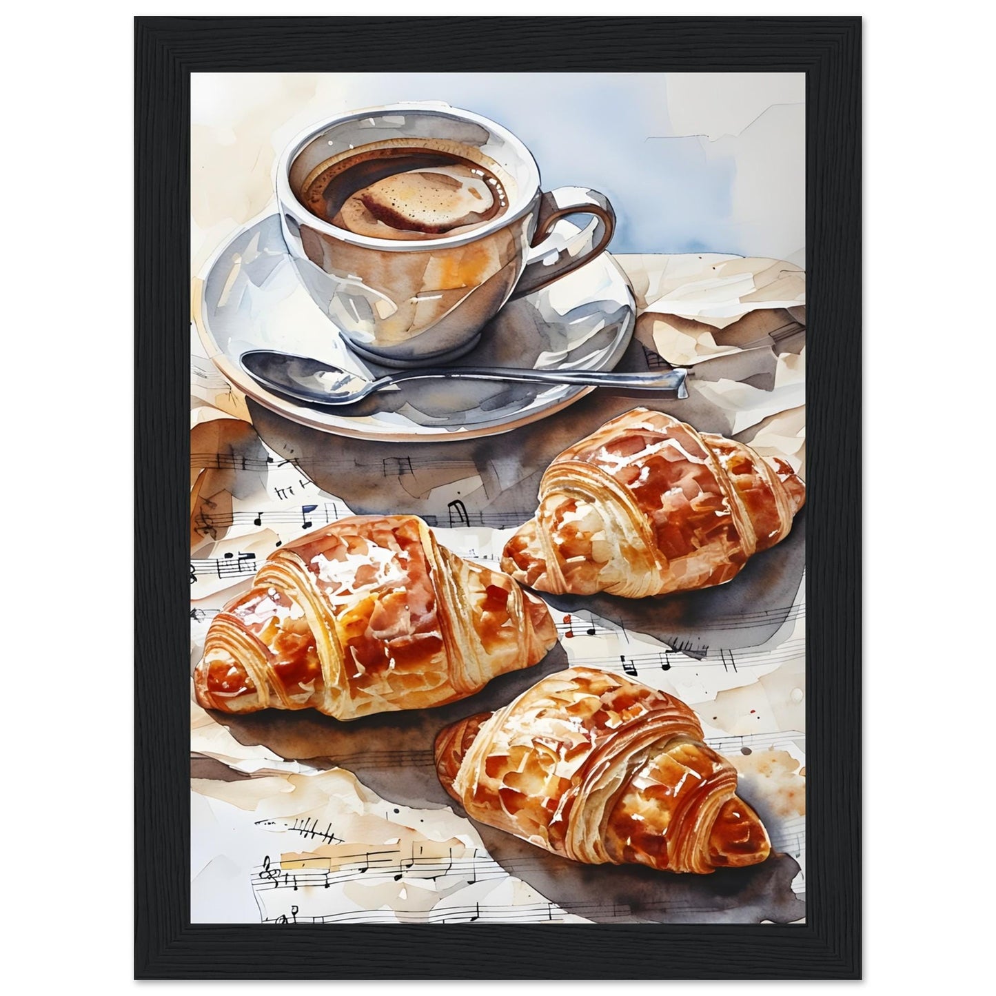Charming Parisian Breakfast Scene: Coffee, Croissant, and French Flair - Kitchen Art Print