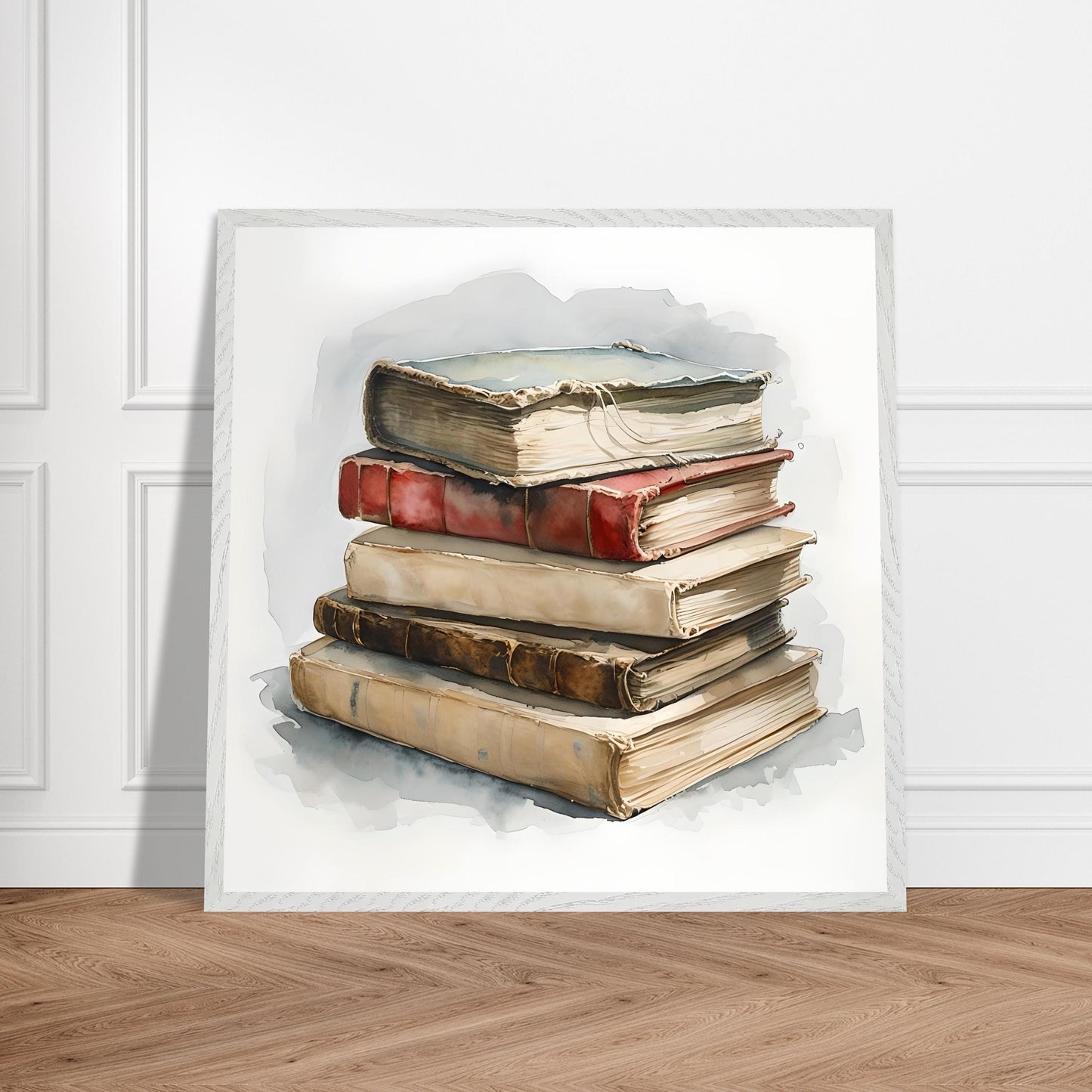 A watercolor painting of a stack of aged vintage books with worn covers and soft shadows, evoking a cozy and nostalgic literary atmosphere.