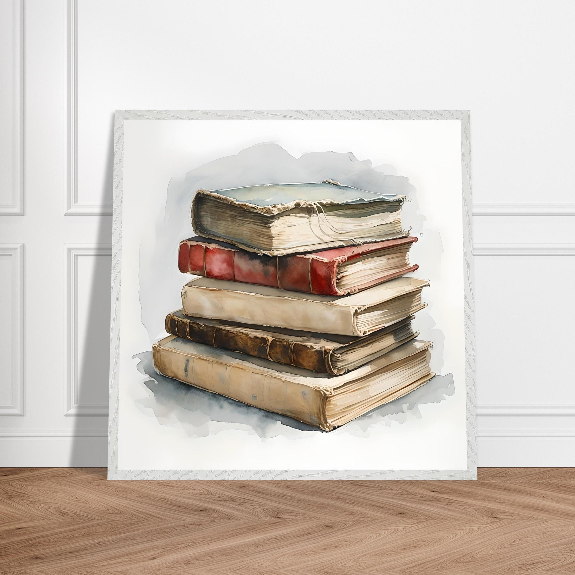 A watercolor painting of a stack of aged vintage books with worn covers and soft shadows, evoking a cozy and nostalgic literary atmosphere.
