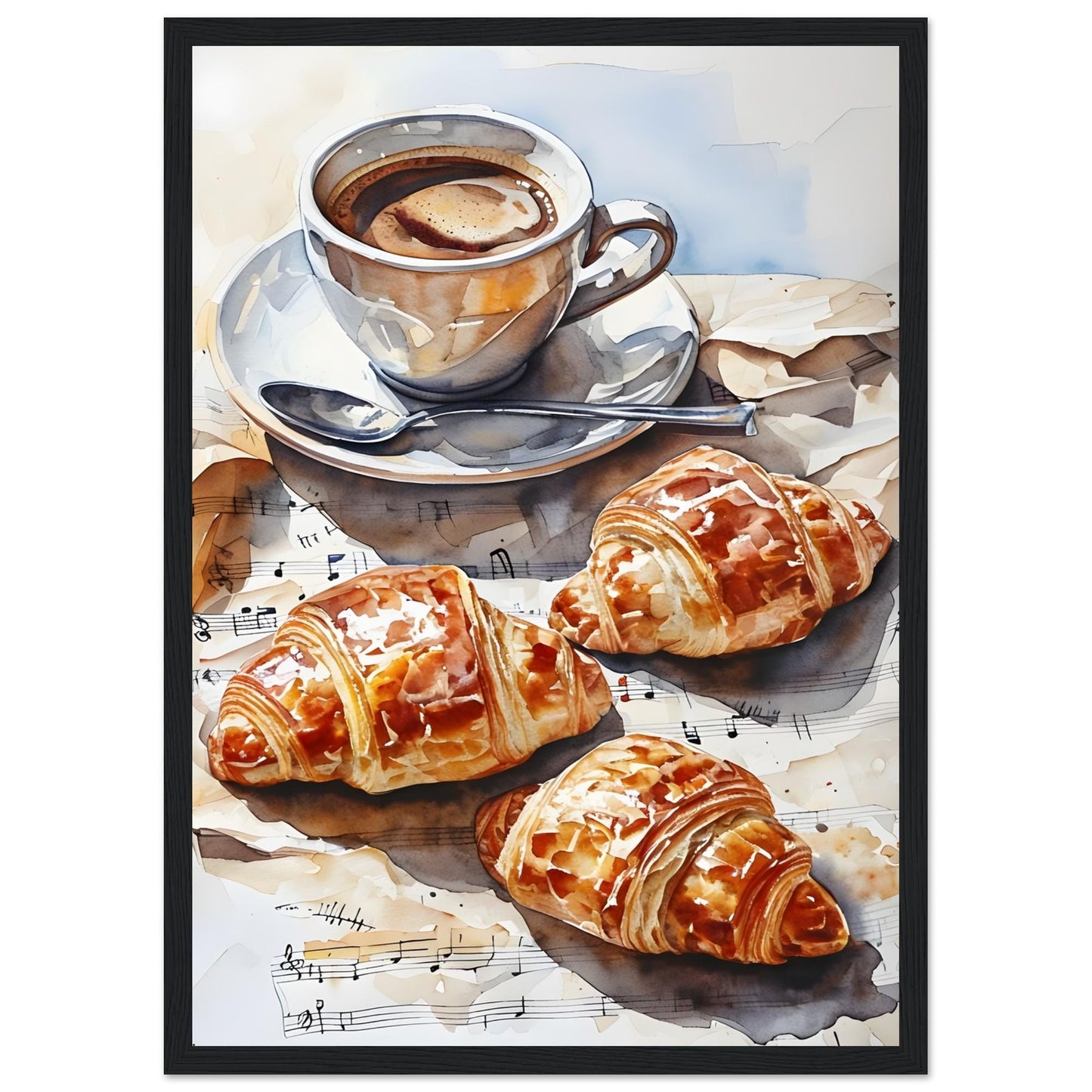 Charming Parisian Breakfast Scene: Coffee, Croissant, and French Flair - Kitchen Art Print
