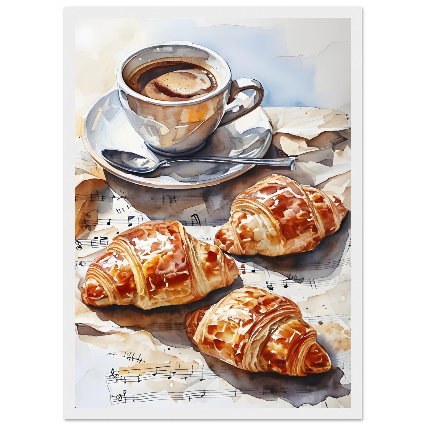 Charming Parisian Breakfast Scene: Coffee, Croissant, and French Flair - Kitchen Art Print