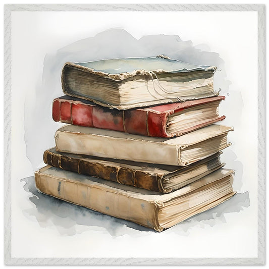 A watercolor painting of a stack of aged vintage books with worn covers and soft shadows, evoking a cozy and nostalgic literary atmosphere.