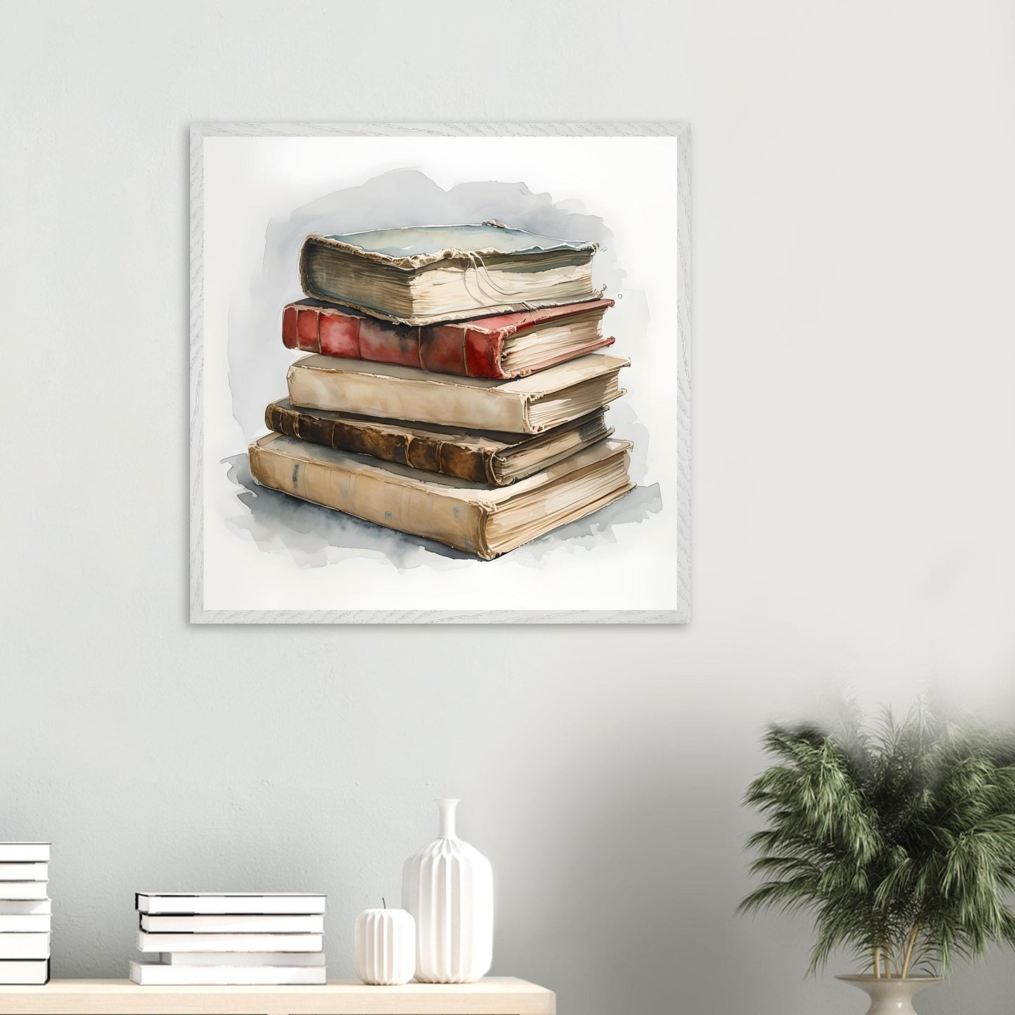 A watercolor painting of a stack of aged vintage books with worn covers and soft shadows, evoking a cozy and nostalgic literary atmosphere.