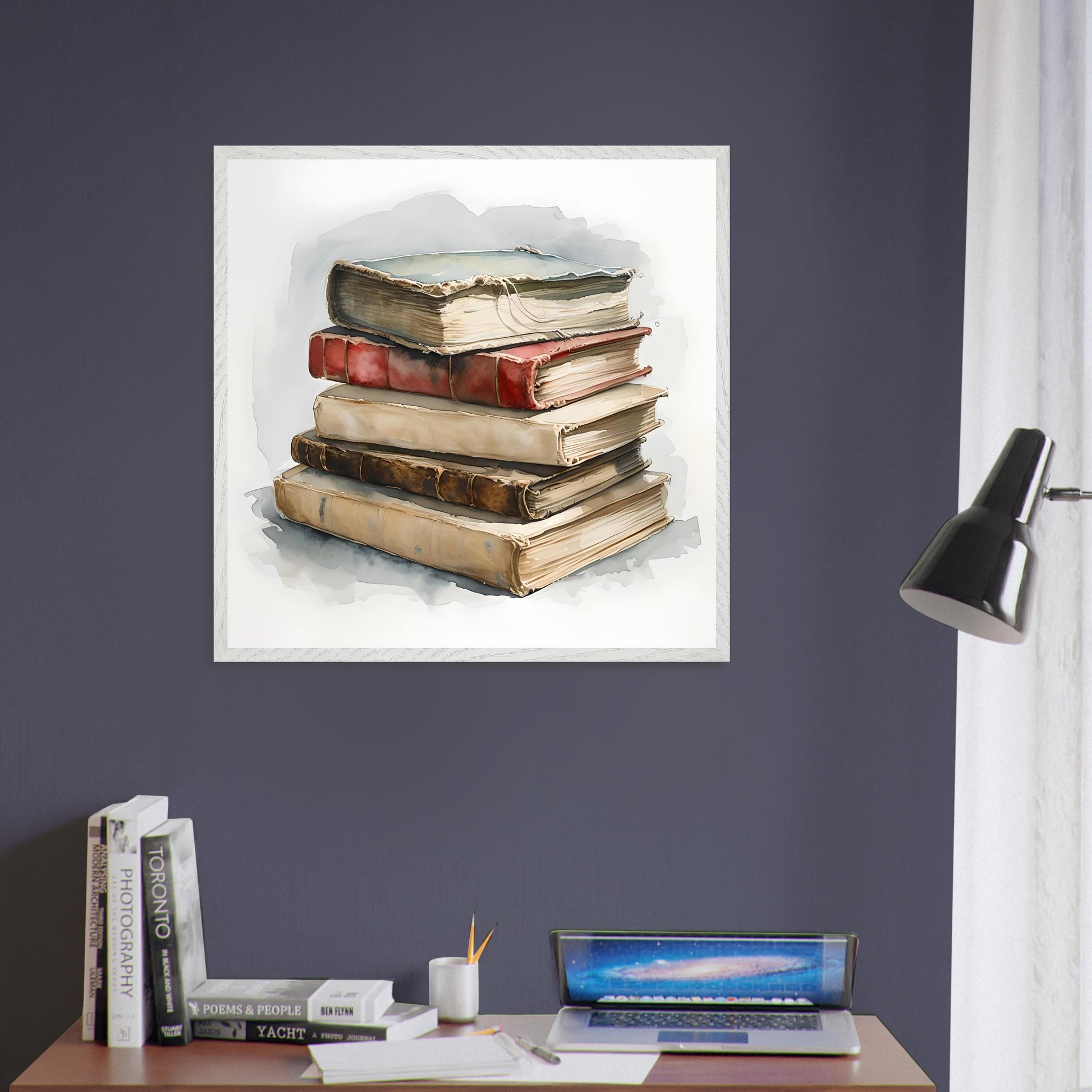 A watercolor painting of a stack of aged vintage books with worn covers and soft shadows, evoking a cozy and nostalgic literary atmosphere.