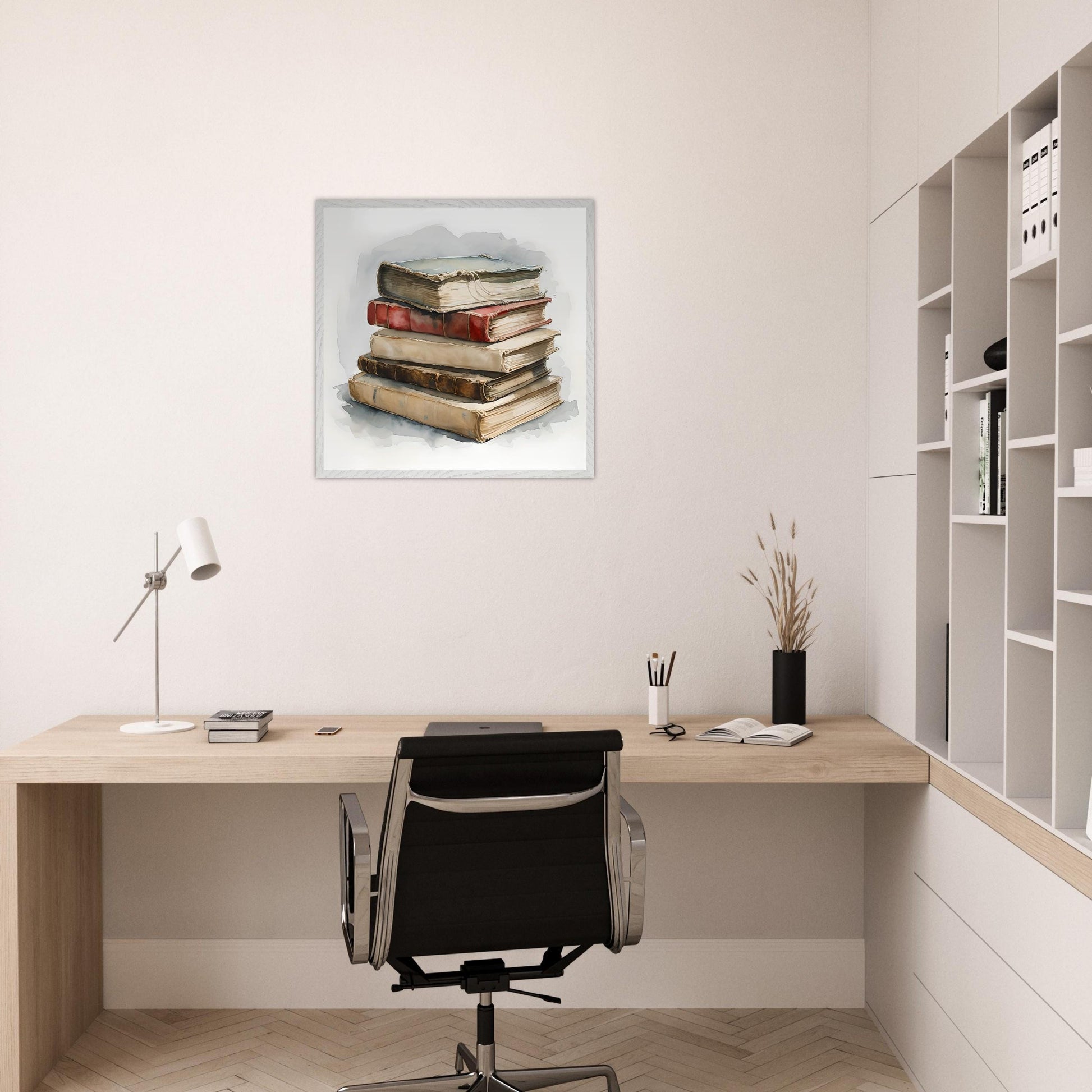 A watercolor painting of a stack of aged vintage books with worn covers and soft shadows, evoking a cozy and nostalgic literary atmosphere.