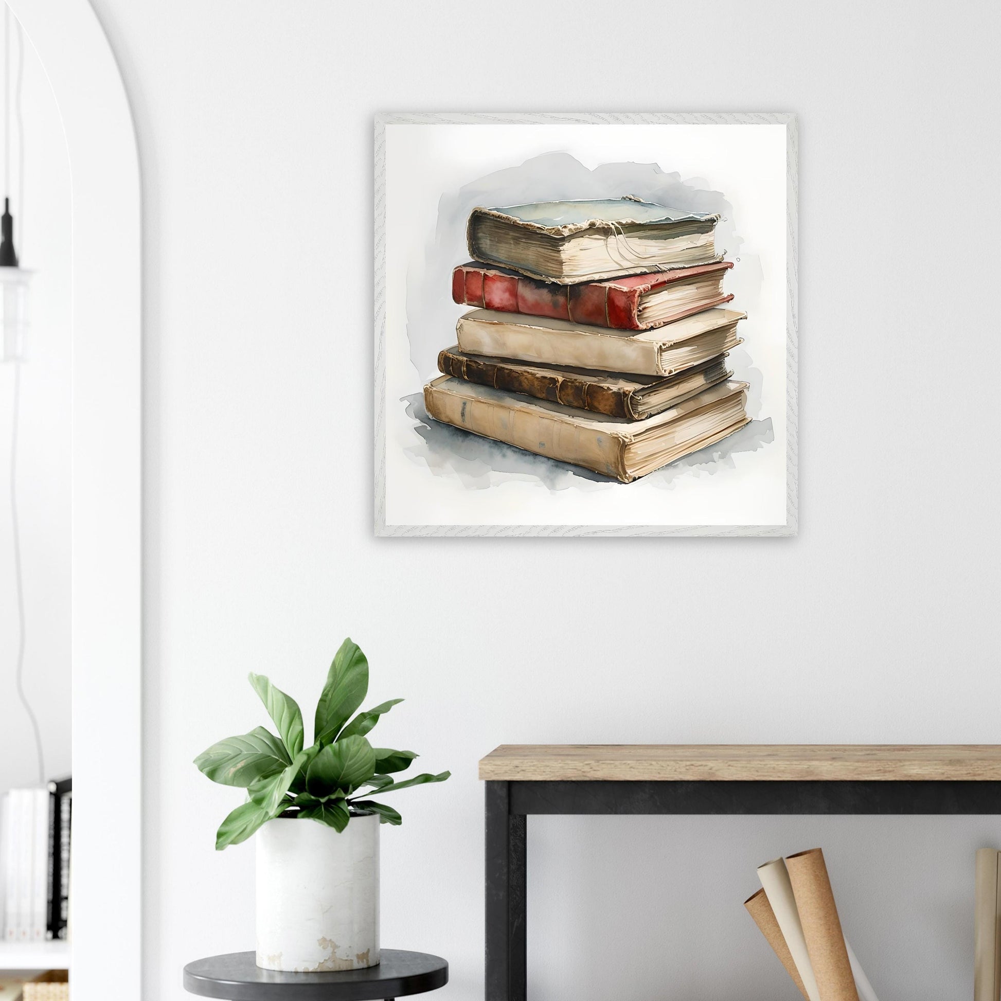 A watercolor painting of a stack of aged vintage books with worn covers and soft shadows, evoking a cozy and nostalgic literary atmosphere.